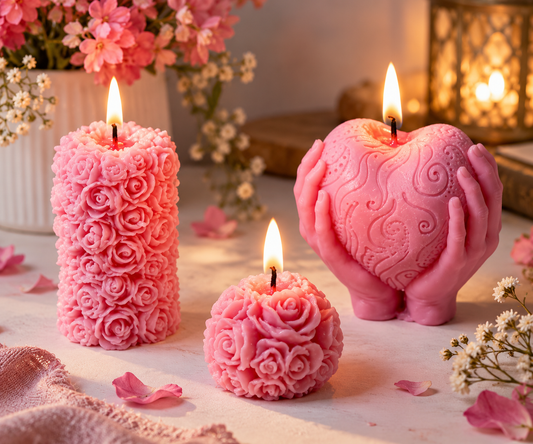 Pink Sculpted Rose & Heart Candles | CANDELOR