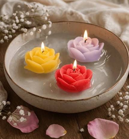 CANDELOR rose-shaped floating wax candles in yellow, lavender and red arranged in a water bowl
